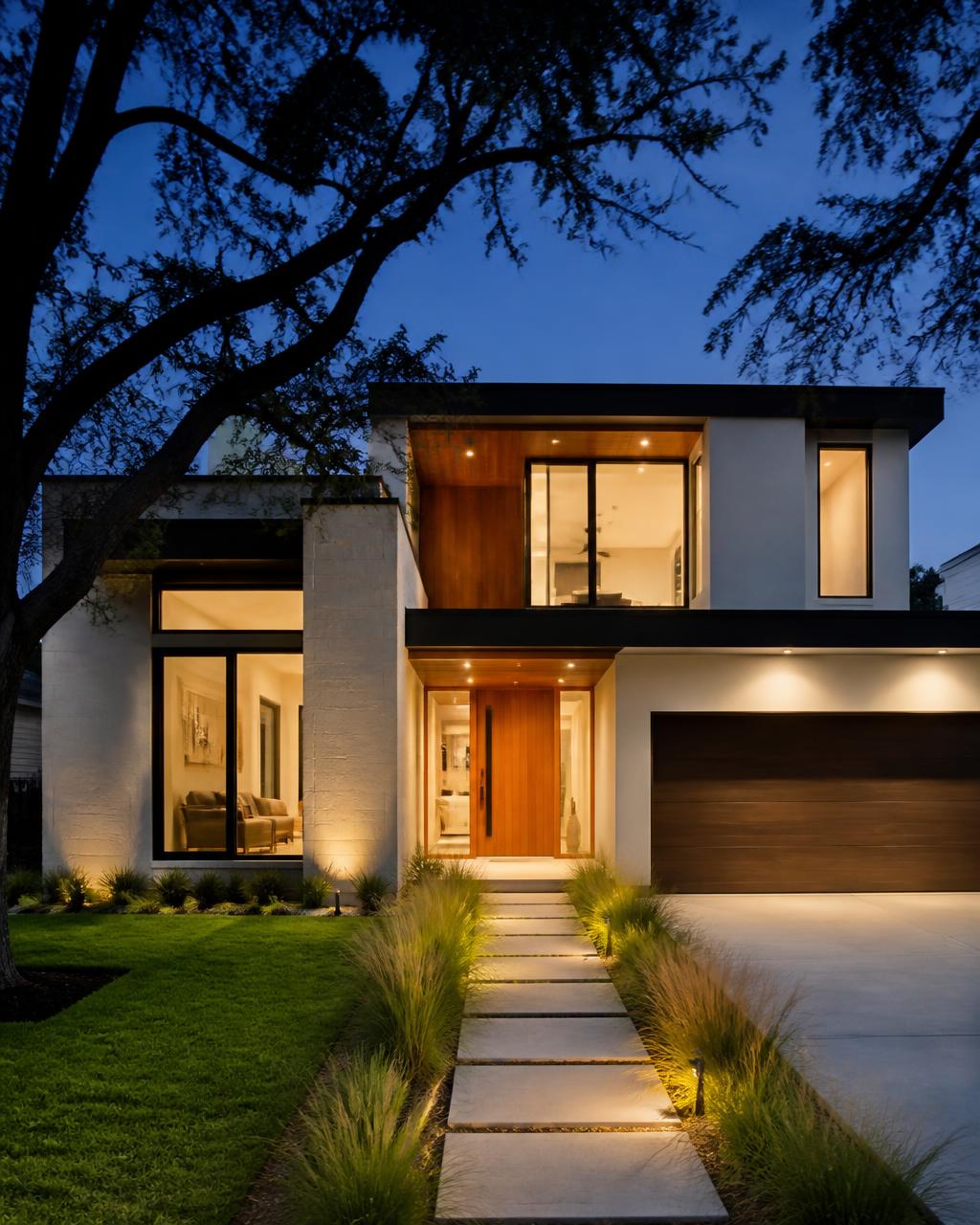Modern single-family home with warm evening lighting