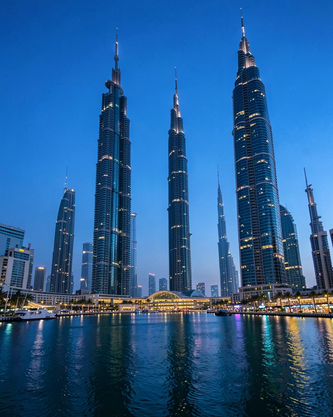 City high-rises at dusk with lit windows reflecting on the water