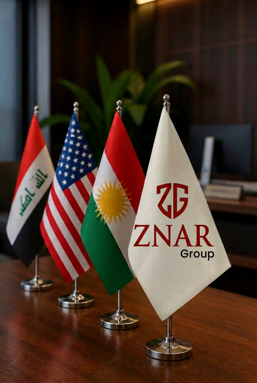ZNAR Group flag with the flags of the Kurdistan Region, Iraq, and the United States of America